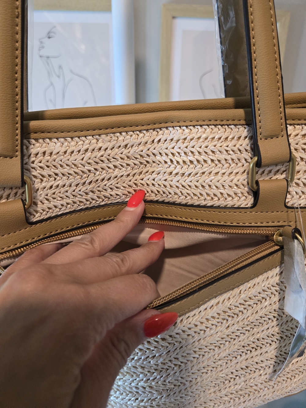 Style & Co. Natural Straw Tote with Tan Trim and Zip Pocket - Picture 5 of 16